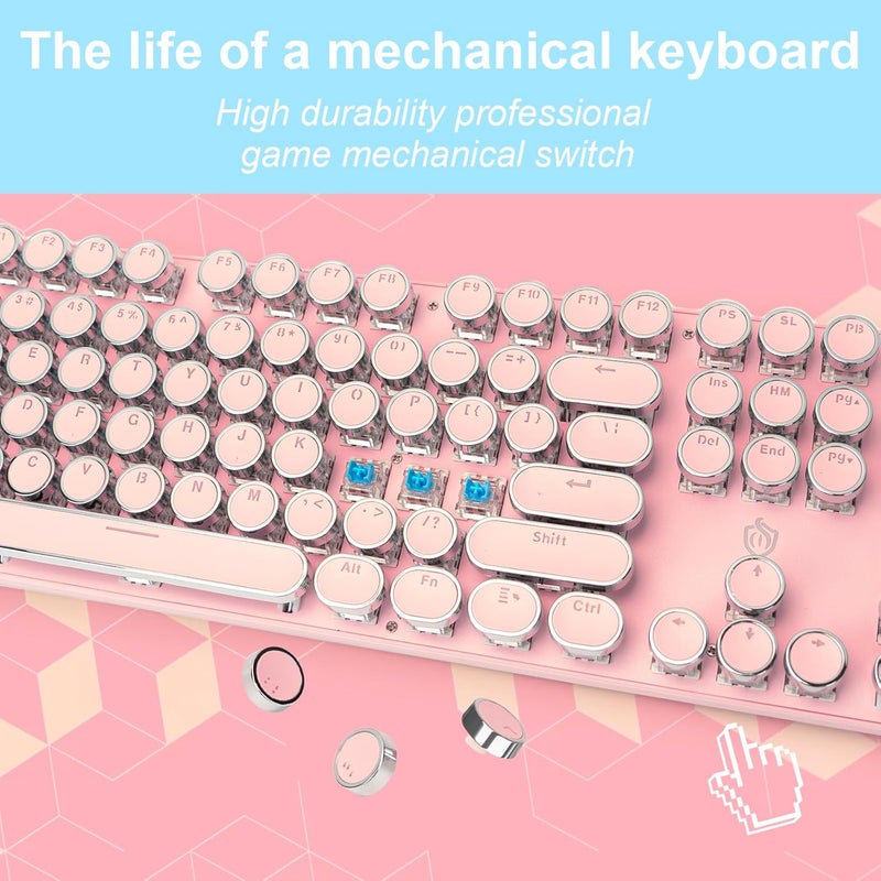 YSCP Typewriter Style Mechanical Gaming Keyboard LED Backlit Wired with Blue Switch Retro Round Keycap 104 Keys Keyboard (Pink 104Keys LED) - Image 3